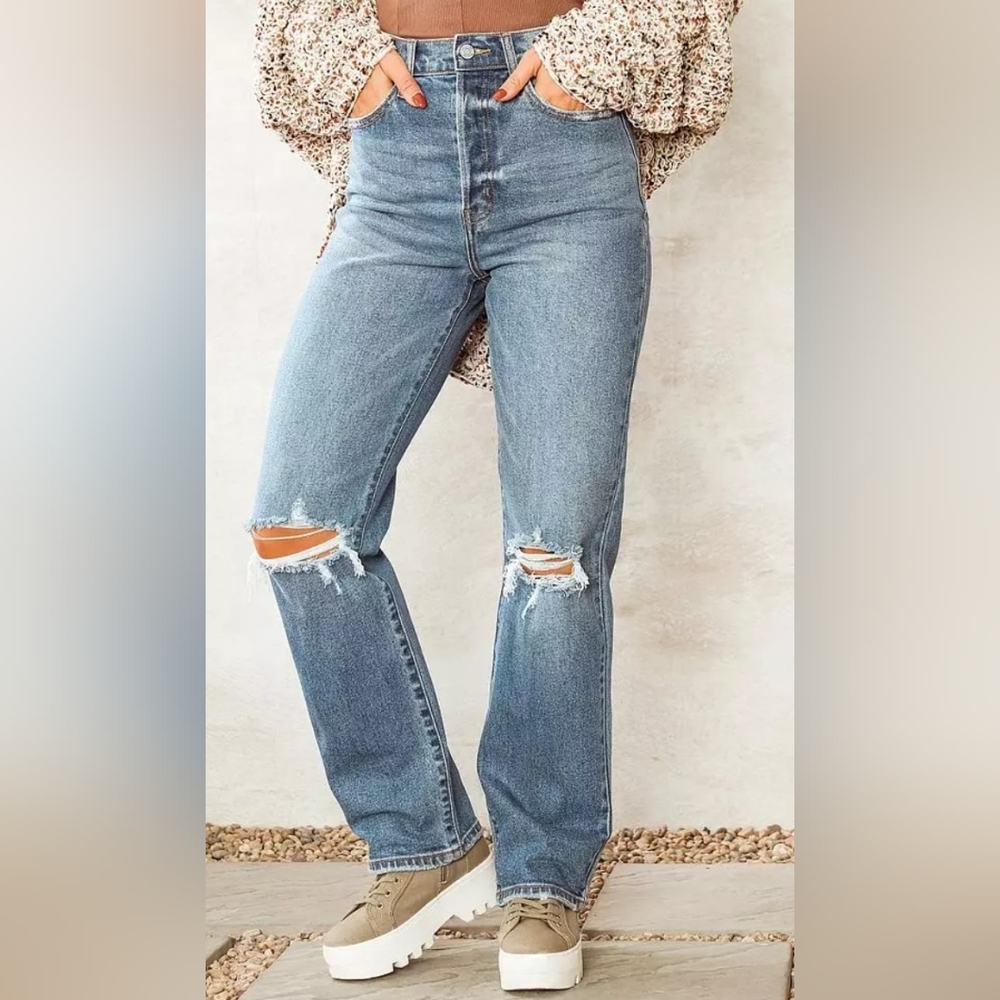 Willow & Root Dad Jeans Womens 29 High Rise Distressed Straight Leg Buckle Denim